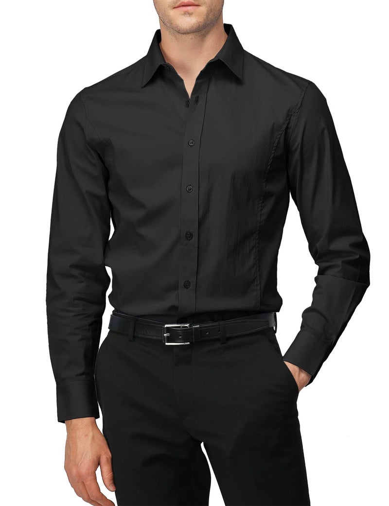 H2H Men's Casual Long Sleeve Stretch Dress Shirt Easy Care Slim Fit Button Down Shirts Black US XL/Asia XXXL (JASK14) - Image 1